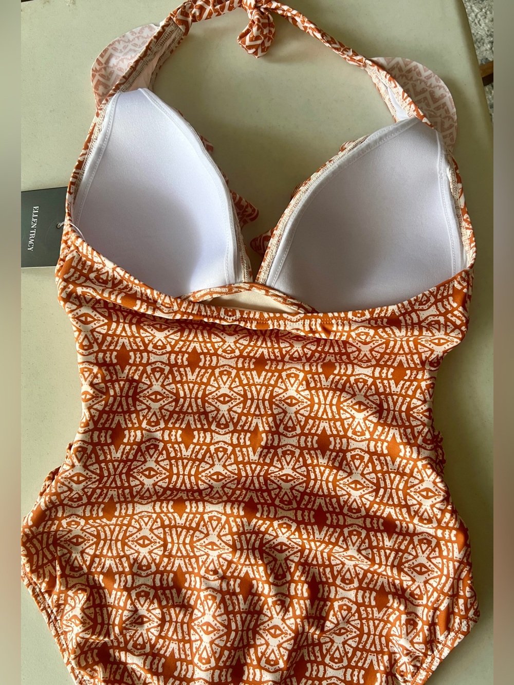 Ellen Tracy Orange and White Patterned One-Piece Swimsuit - Picture 9 of 13